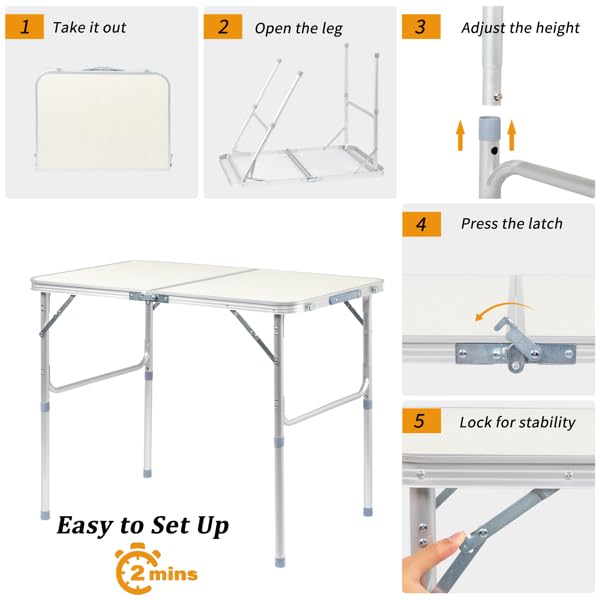 Aluminum Portable Folding Camping Table Adjustable Height White 36 x 24 inch O594880