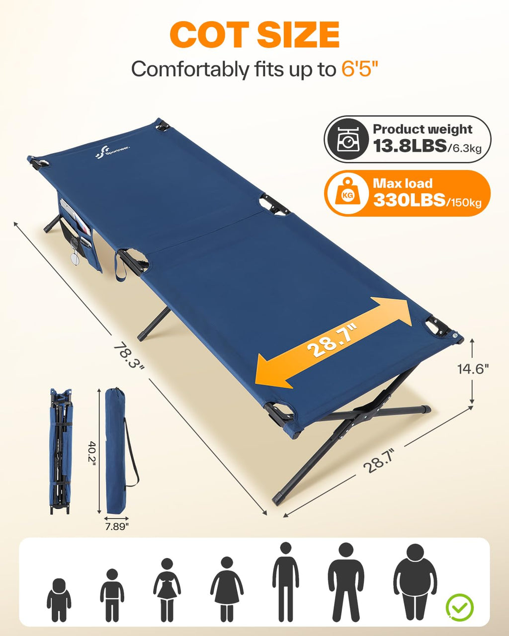Camping Cot 78.3"x28.7"x14.6" Heavy Duty Folding Bed Support 330 Lbs I21940