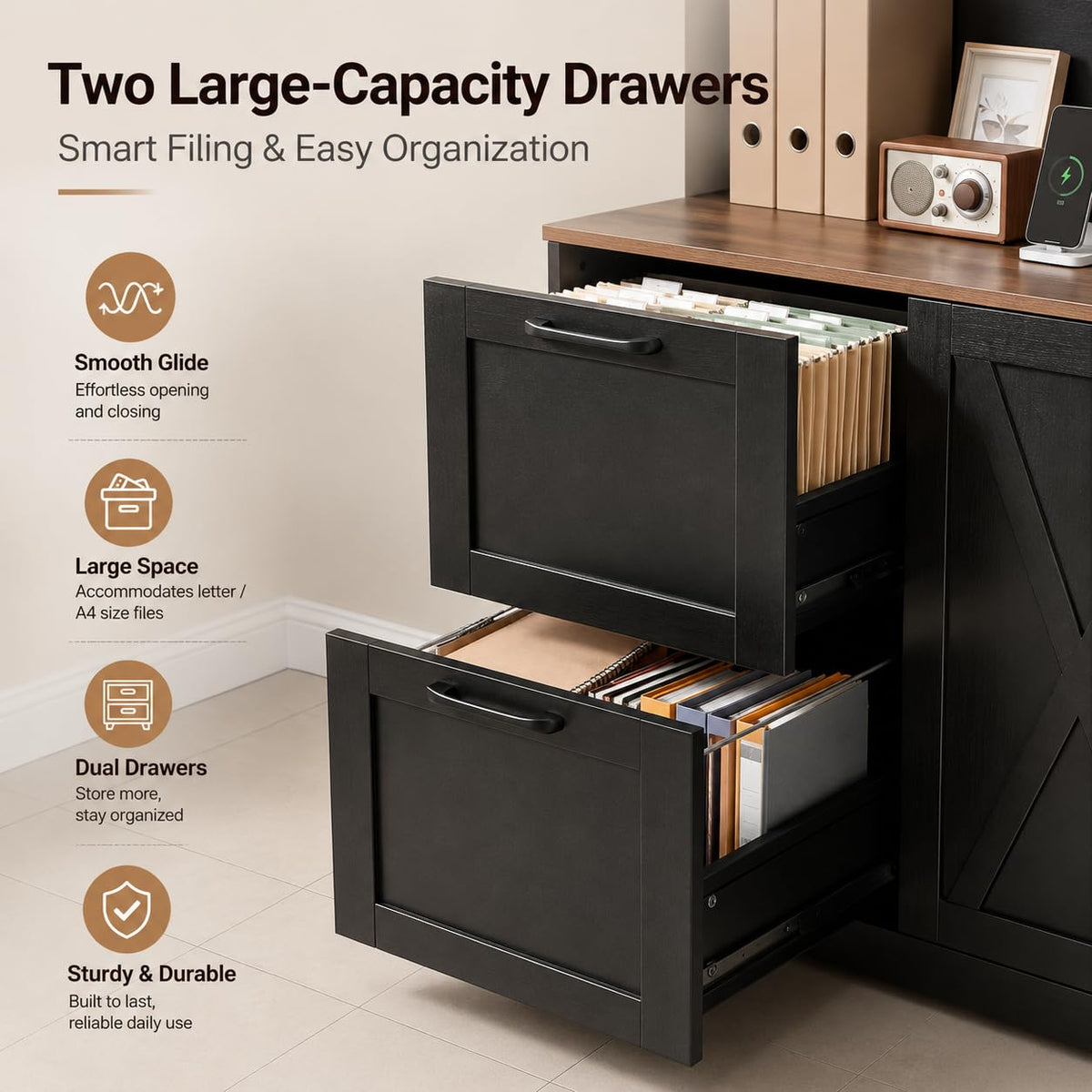 72'' Tall Black Bookshelf with Power Outlet, 2 Drawer File Cabinet, 3-Tier Shelves D70587