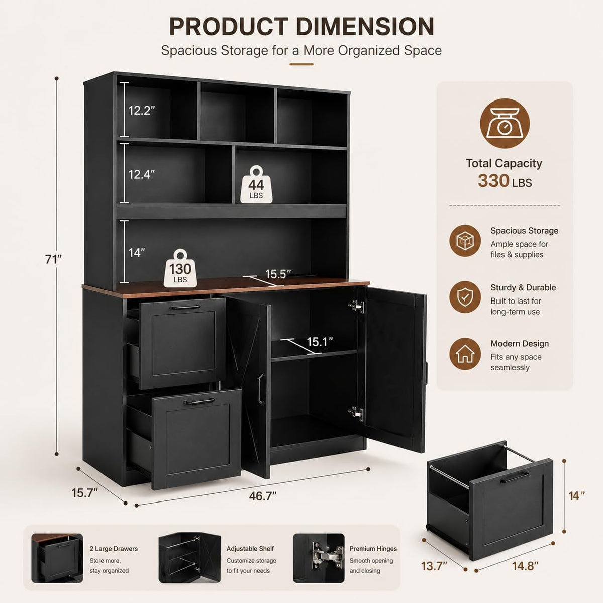 72'' Tall Black Bookshelf with Power Outlet, 2 Drawer File Cabinet, 3-Tier Shelves D70587