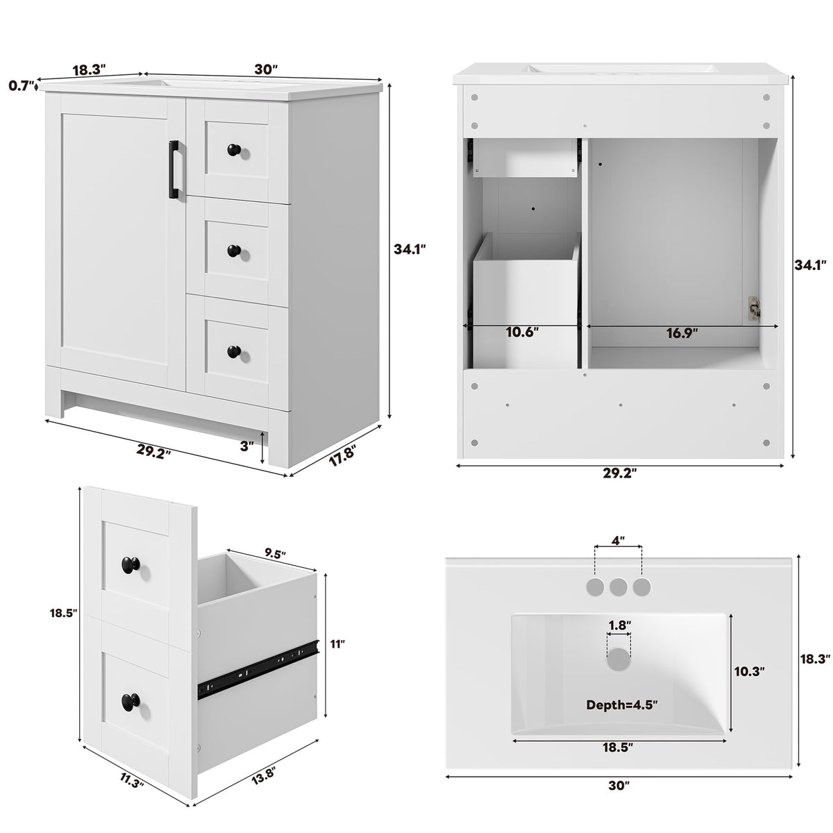 30" White Bathroom Vanity with Sink B450