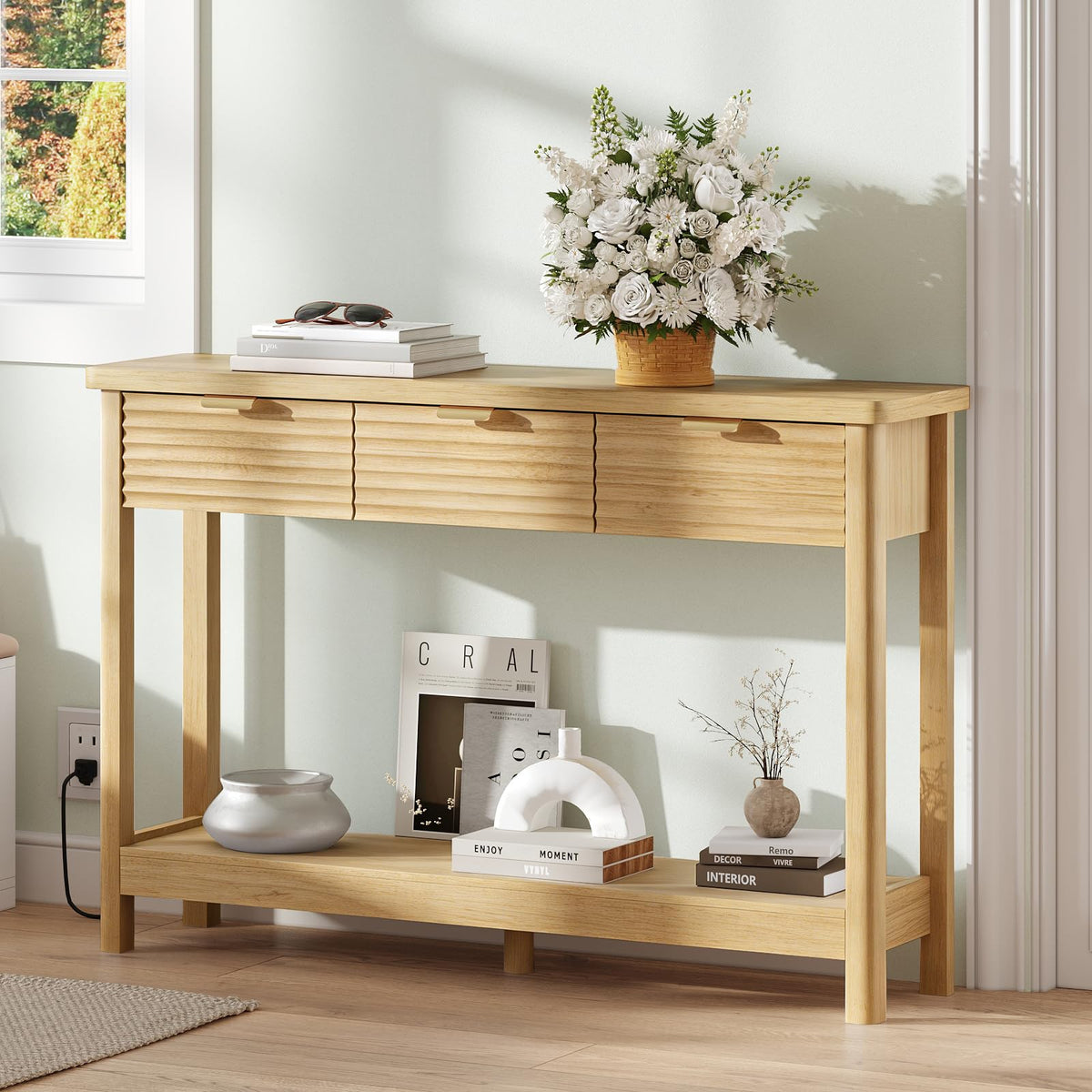 47.2" Narrow Console Table with 3 Drawers & Charging Station, Oak V64862