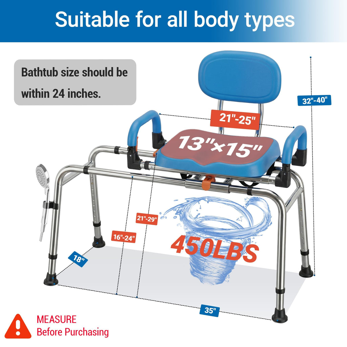 Sliding Shower Chair Tub Transfer Bench with 360° Swivel Seat W742