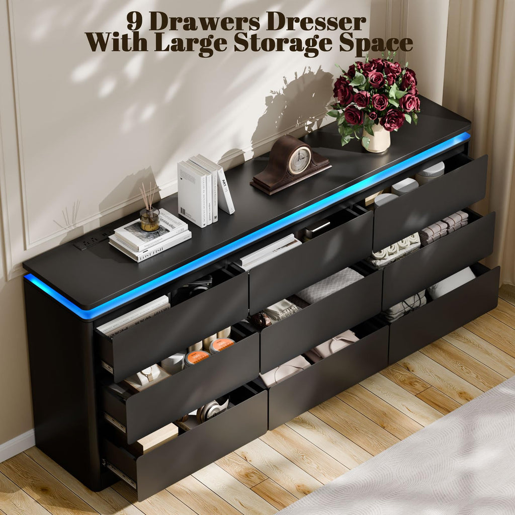 Black 9 Drawer Dresser with LED Lights A137263