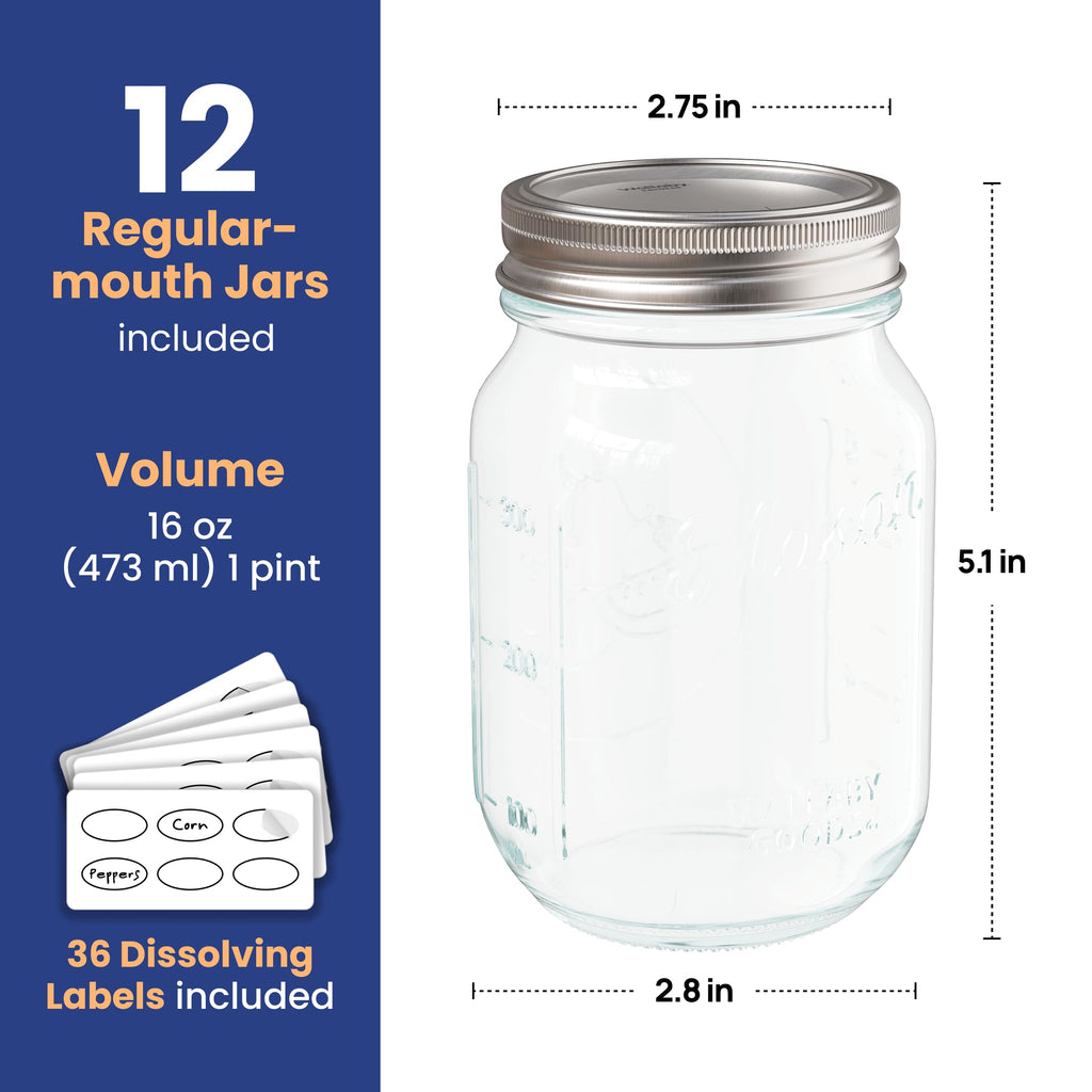 16oz Clear Glass Mason Jars with Lids 12-Pack T95213