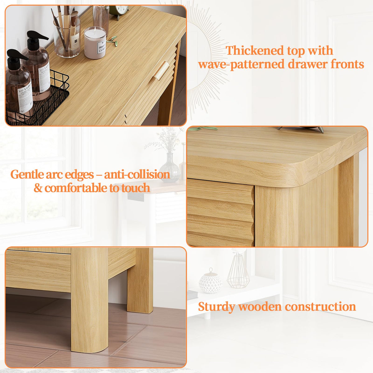 47.2" Narrow Console Table with 3 Drawers & Charging Station, Oak V64862