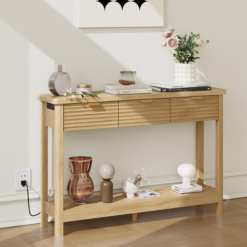 47.2" Narrow Console Table with 3 Drawers & Charging Station, Oak V64862