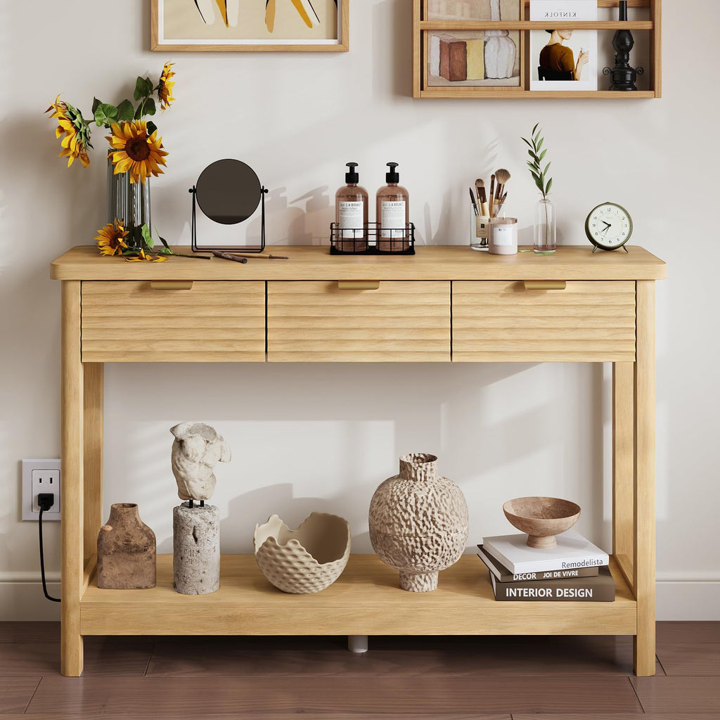 47.2" Narrow Console Table with 3 Drawers & Charging Station, Oak V64862