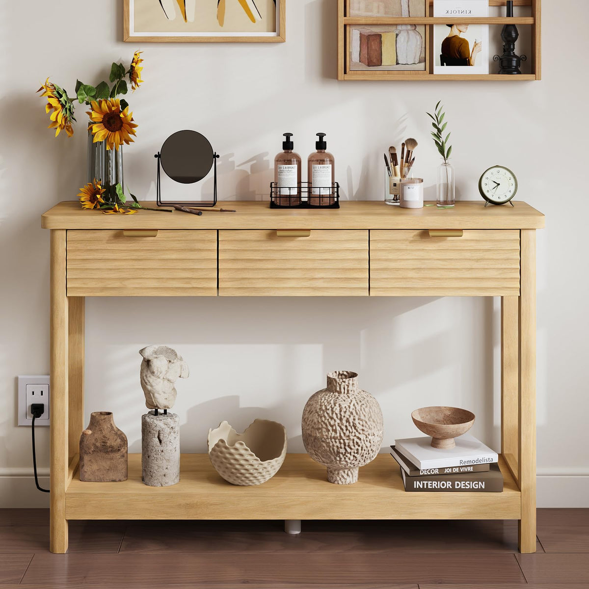 47.2" Narrow Console Table with 3 Drawers & Charging Station, Oak V64862