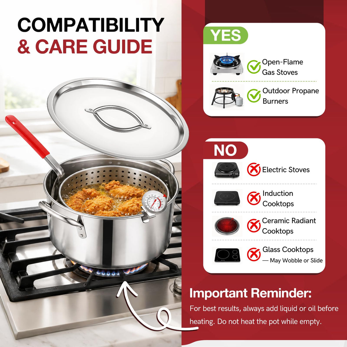 10 QT Stainless Steel Deep Fryer Pot with Basket F10516