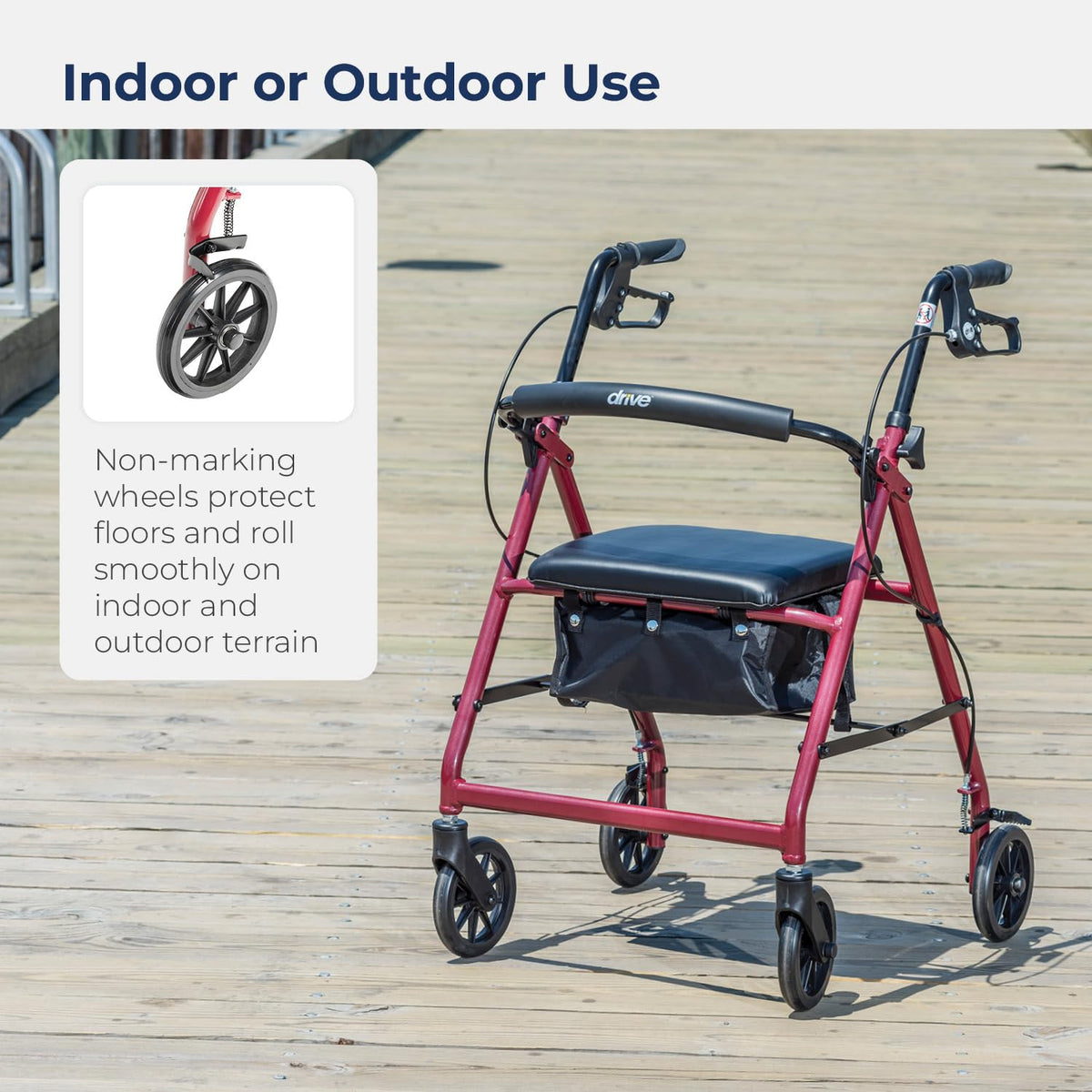 Red Aluminum Rollator Walker with Padded Seat and 6" Wheels V1319