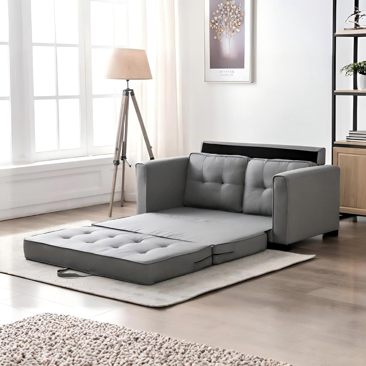 Light Gray Tufted Pull-Out Sleeper Loveseat I8267