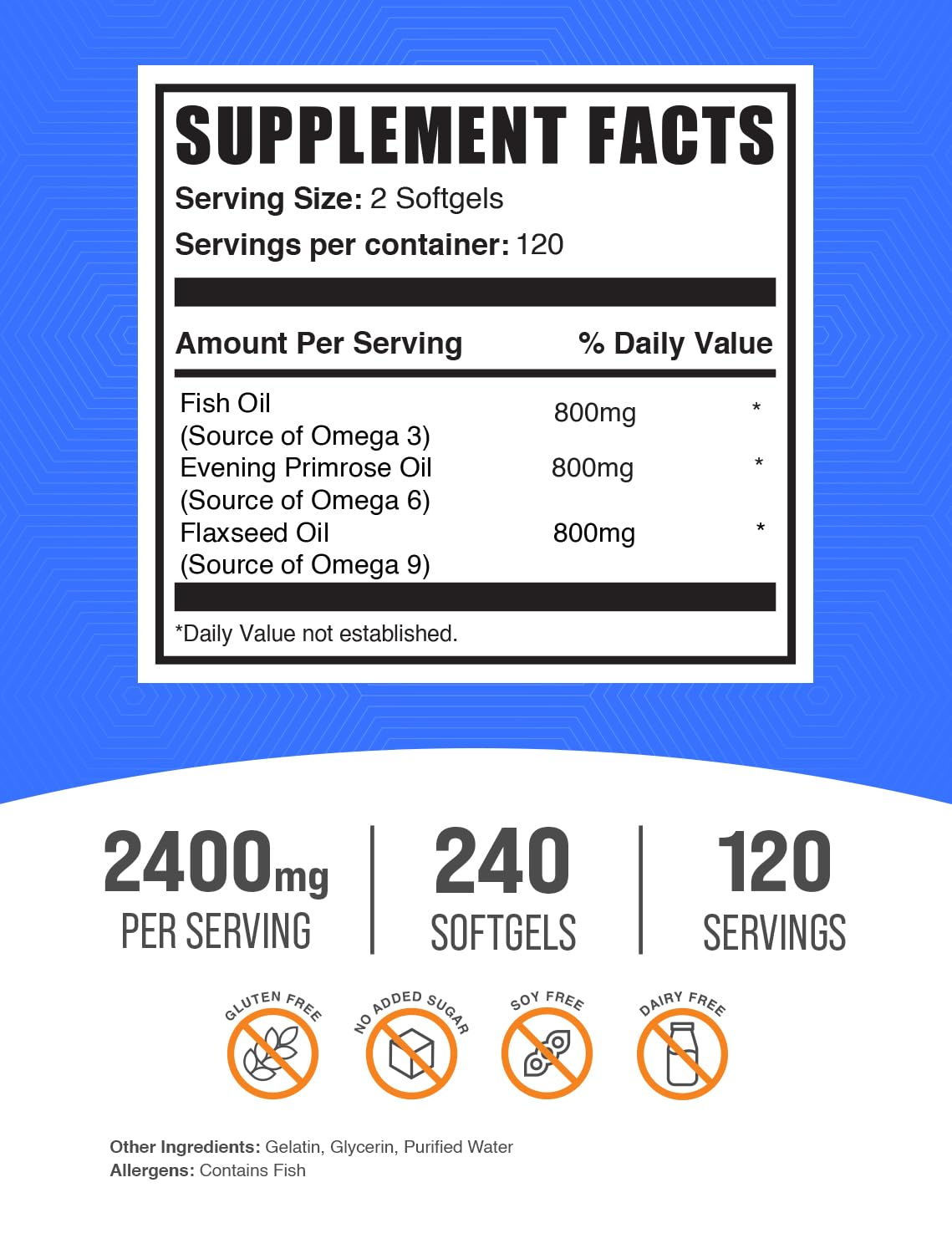 Omega 3-6-9 Softgels from Flaxseed, Evening Primrose & Fish Oil, 240 Count V87612