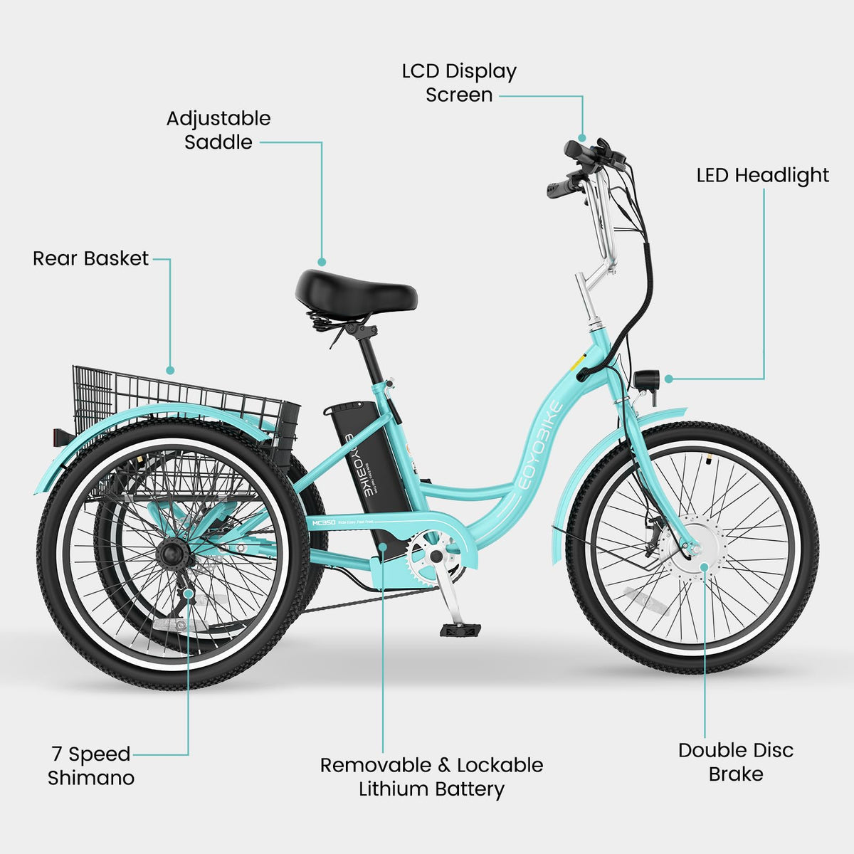 24/26 Inch 350W Electric Tricycle with Removable 36V Battery and Rear Basket T630