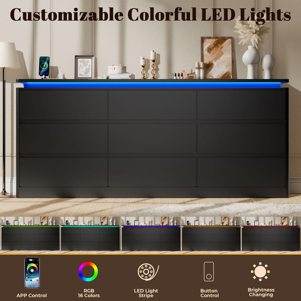 Black 9 Drawer Dresser with LED Lights A137263