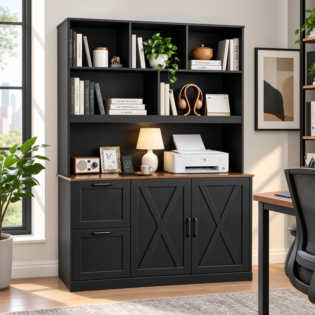 72'' Tall Black Bookshelf with Power Outlet, 2 Drawer File Cabinet, 3-Tier Shelves D70587