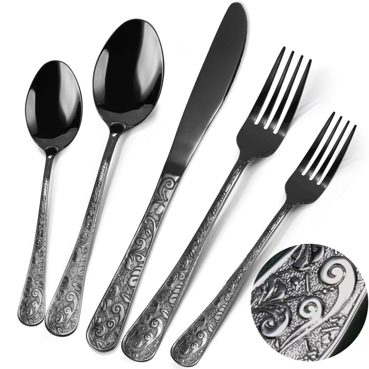 60-Piece Black Stainless Steel Flatware Set H8571