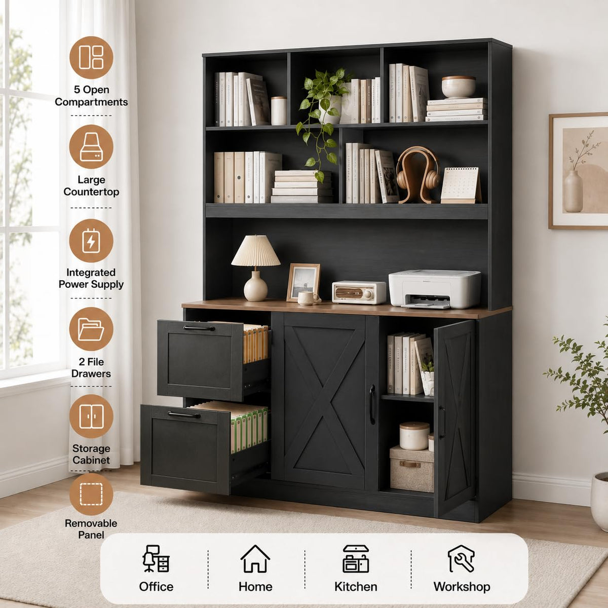 72'' Tall Black Bookshelf with Power Outlet, 2 Drawer File Cabinet, 3-Tier Shelves D70587