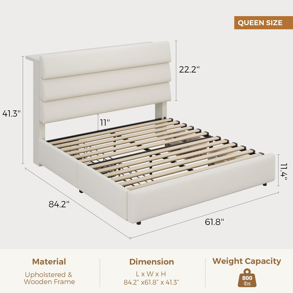 Beige Queen Size Bed Frame with 2 Storage Drawers W9086