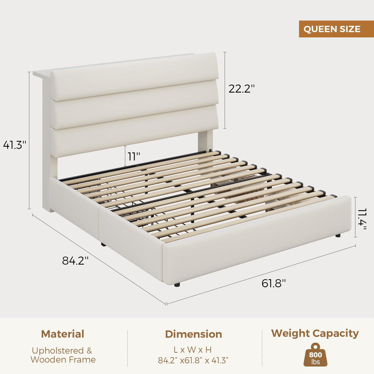 Beige Queen Size Bed Frame with 2 Storage Drawers W9086