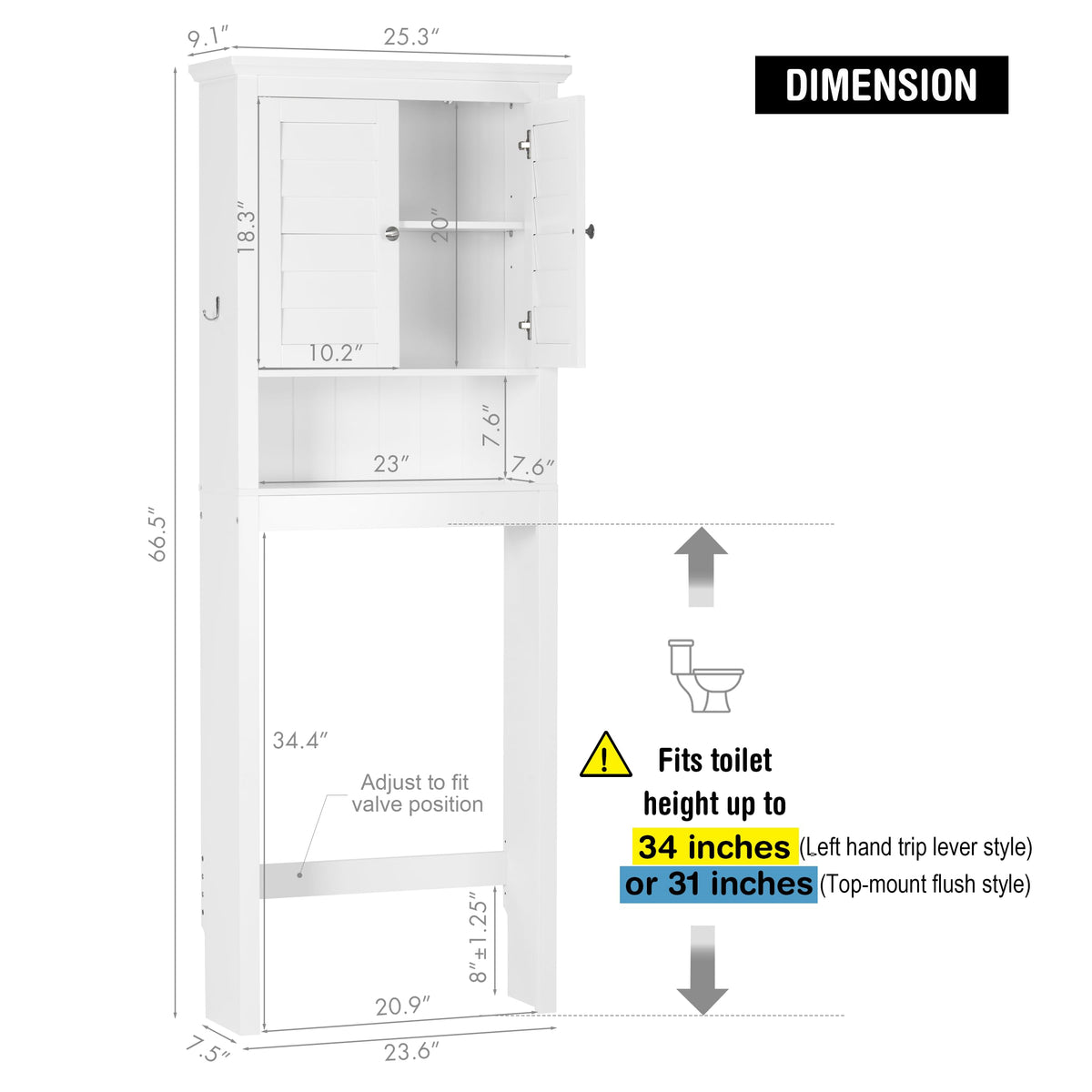 White Over The Toilet Storage Cabinet with Louvered Doors & Hooks Y407214