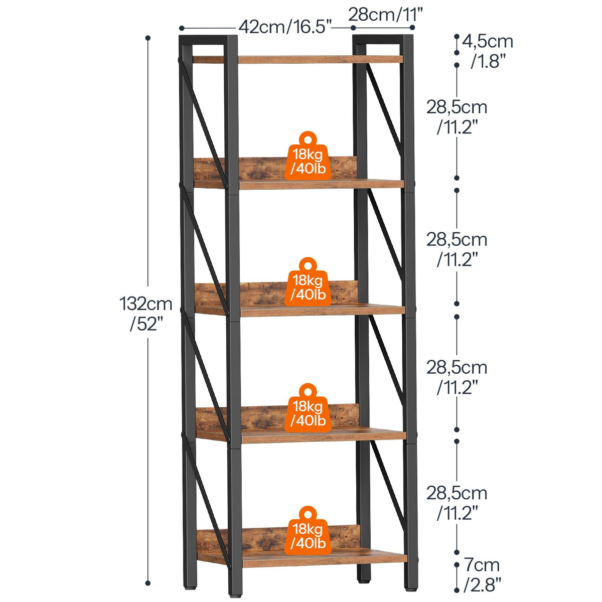 5-Tier Industrial Bookshelf with Metal Frame L41223