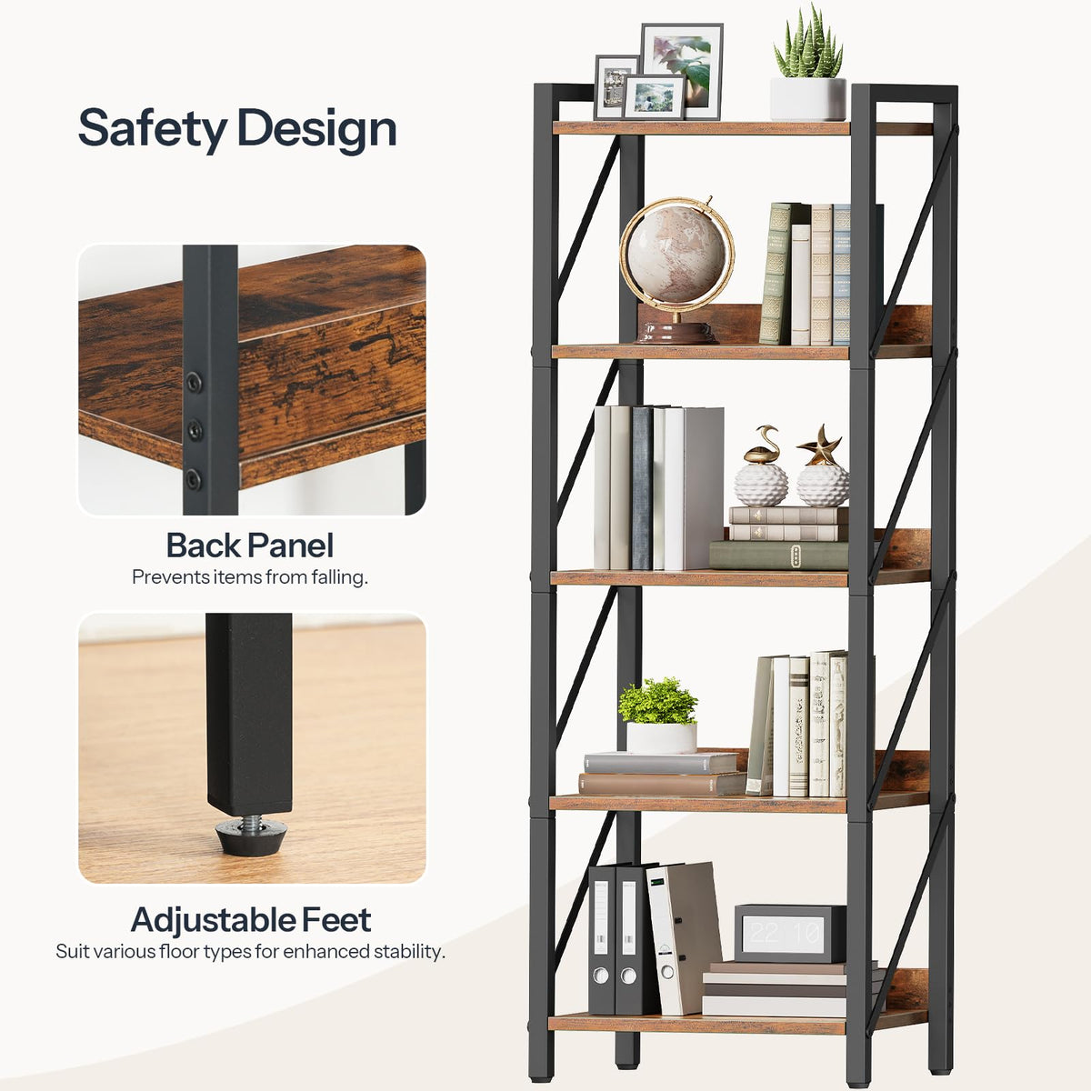 5-Tier Industrial Bookshelf with Metal Frame L41223