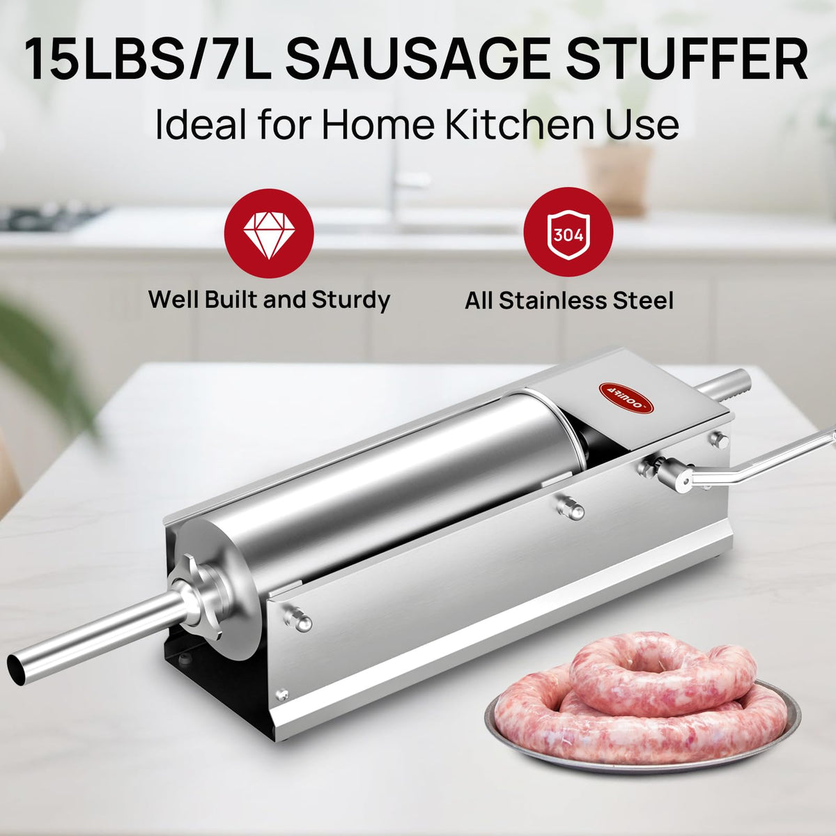 Manual Stainless Steel Sausage Stuffer with 4 Stuffing Tubes O2063