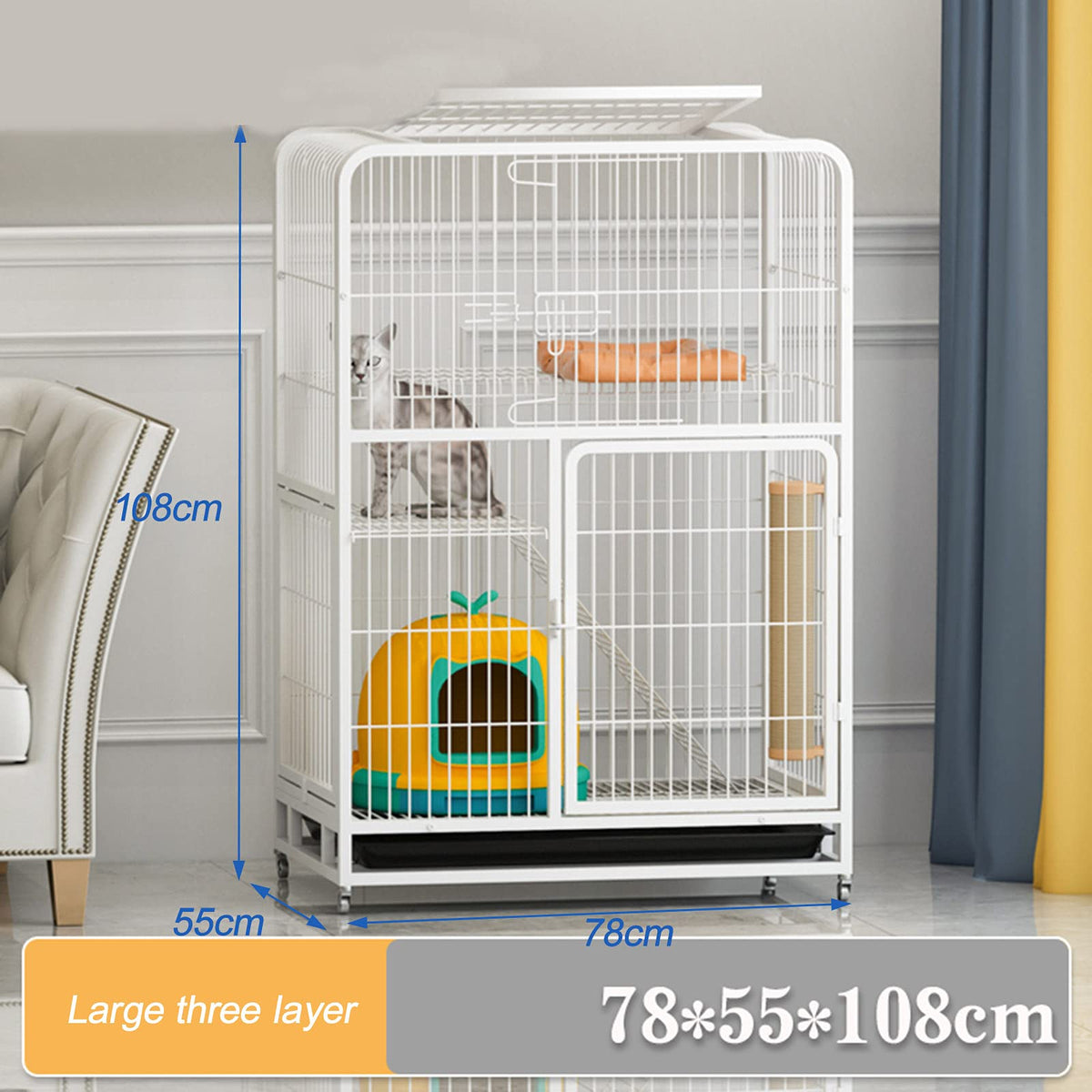 Large 3-Tier Metal Wire Cat Cage with Hammock and Casters C952