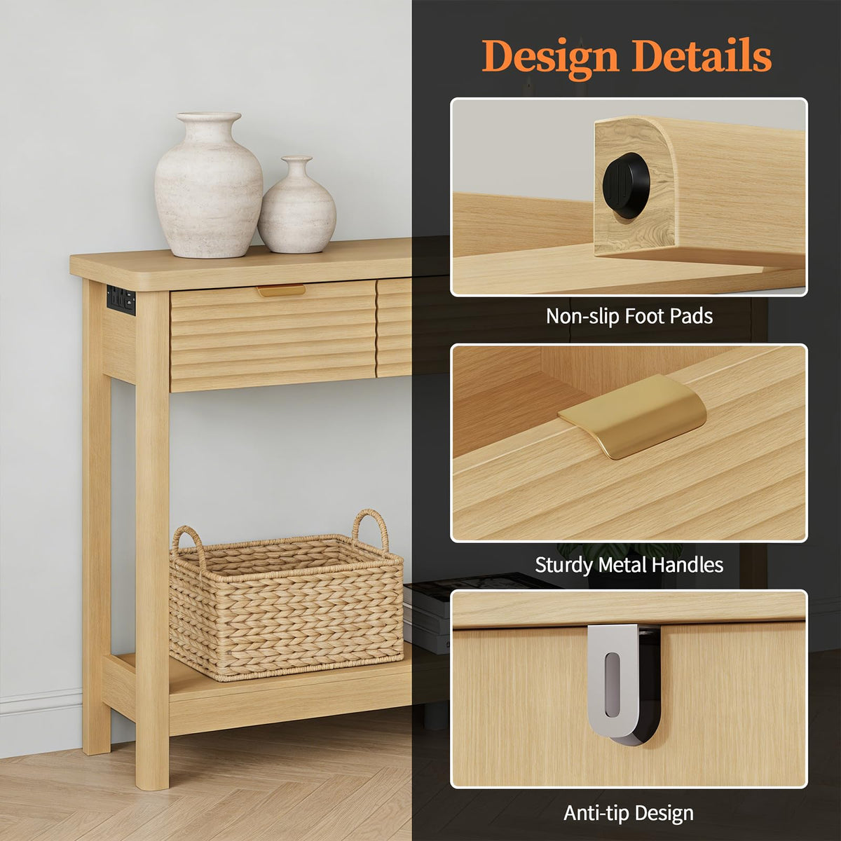 47.2" Narrow Console Table with 3 Drawers & Charging Station, Oak V64862