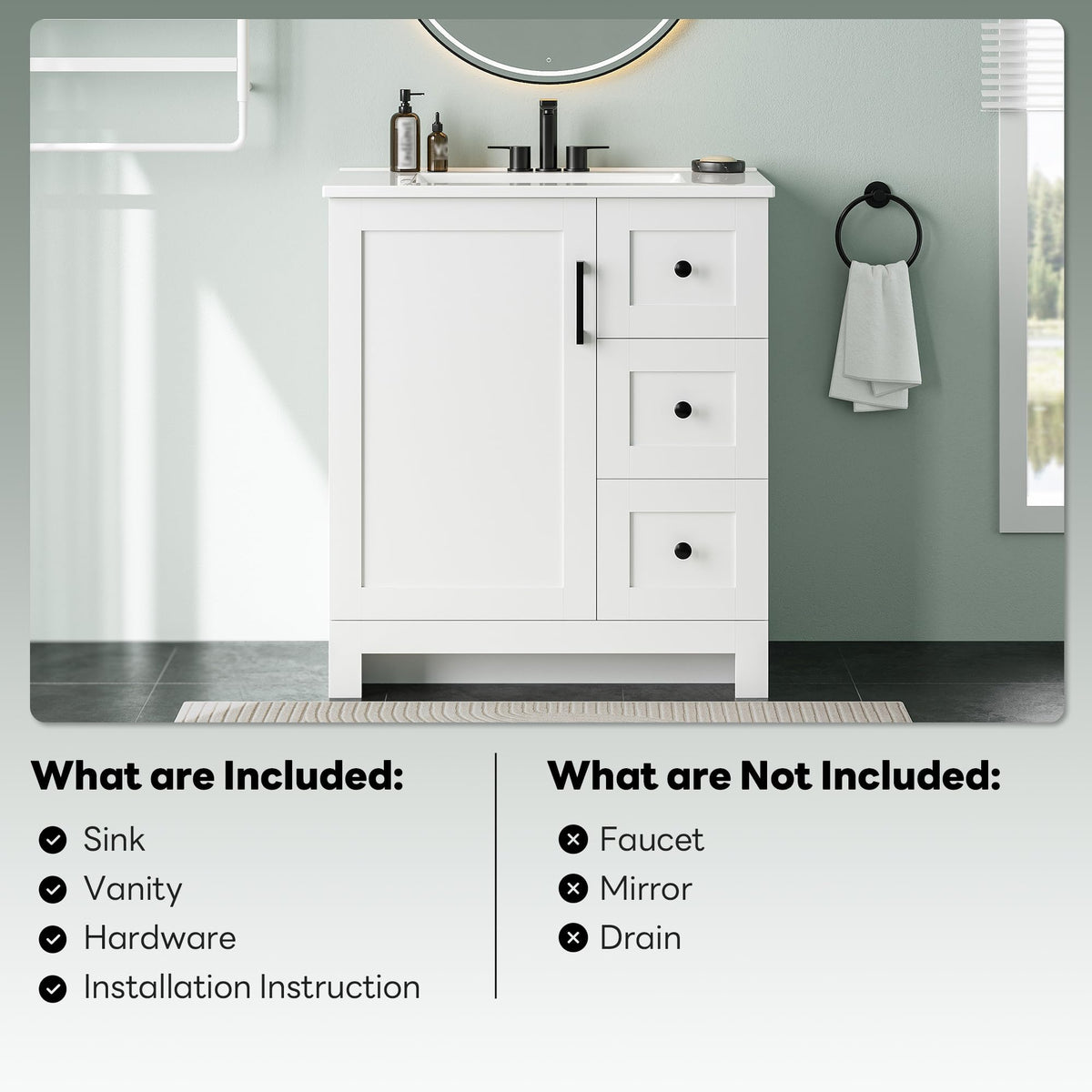 30" White Bathroom Vanity with Sink B450