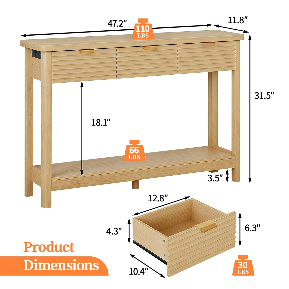 47.2" Narrow Console Table with 3 Drawers & Charging Station, Oak V64862