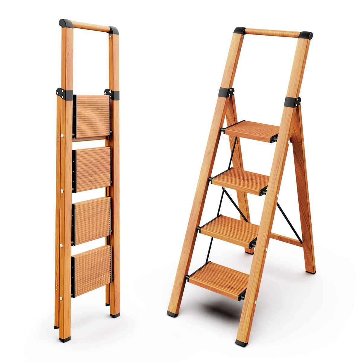 4 Step Ladders, 300lbs Load, 36'' Top Step, Wood Grain V877743