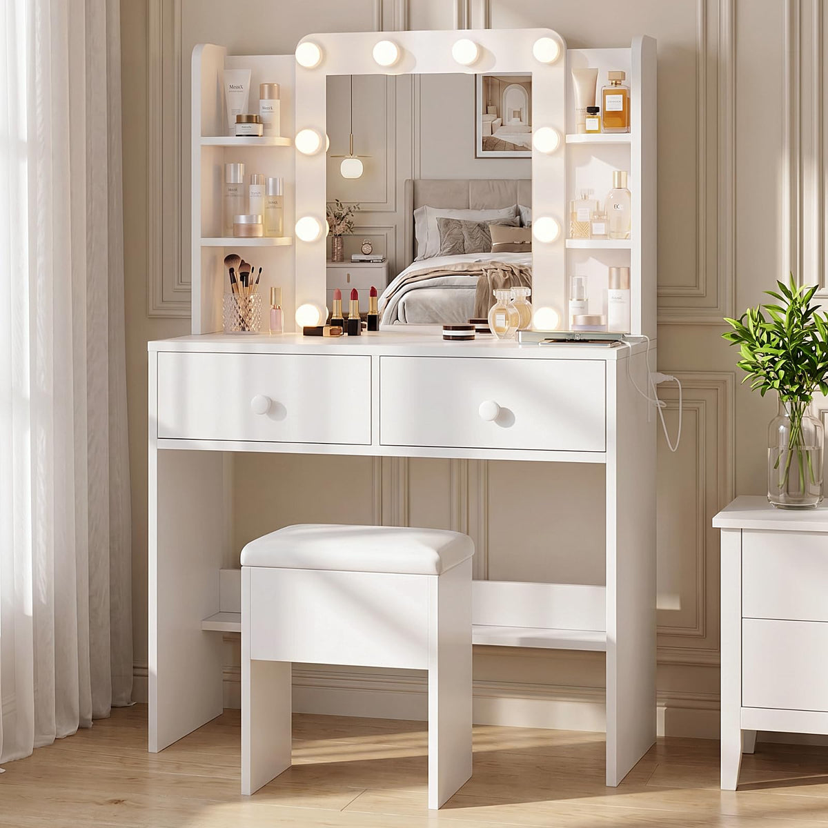 White Vanity Desk with Mirror and Chair Set C20040