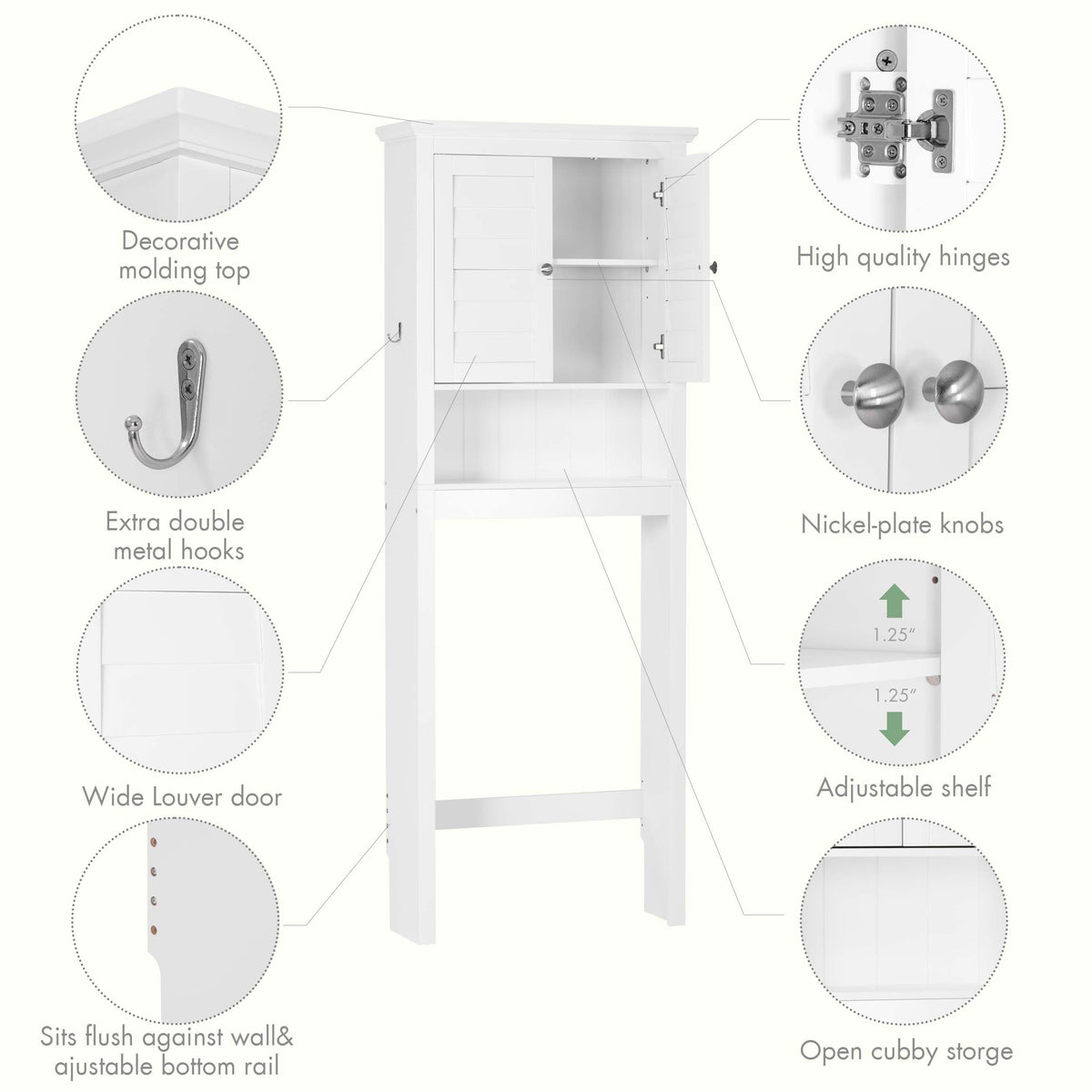 White Over The Toilet Storage Cabinet with Louvered Doors & Hooks Y407214