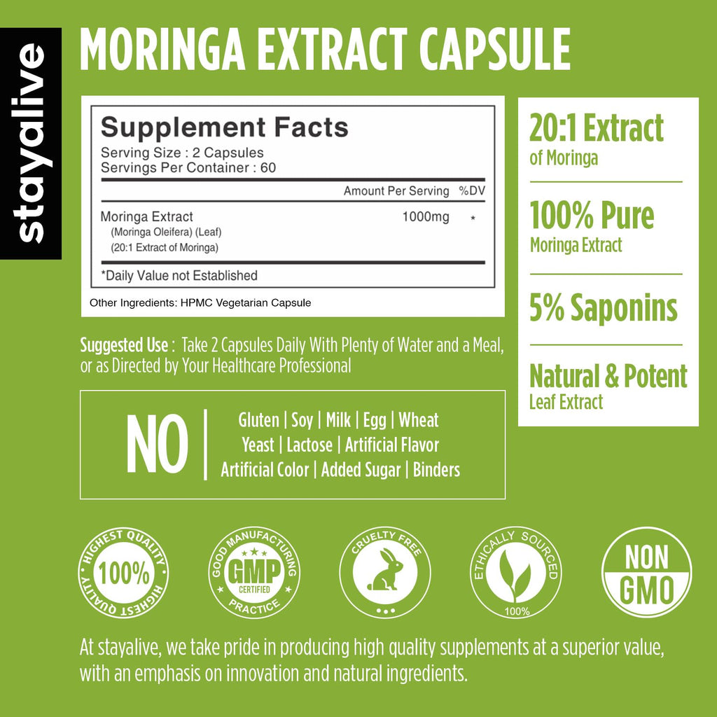 1000mg Moringa Capsules 20:1 Extract 120 Pills B344