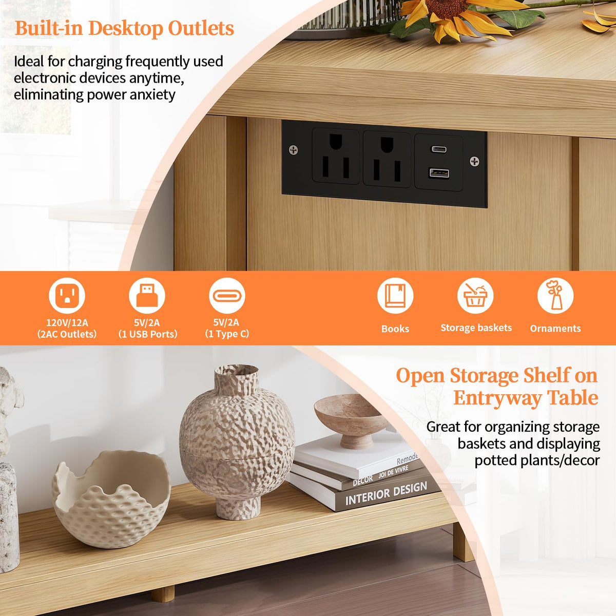 47.2" Narrow Console Table with 3 Drawers & Charging Station, Oak V64862