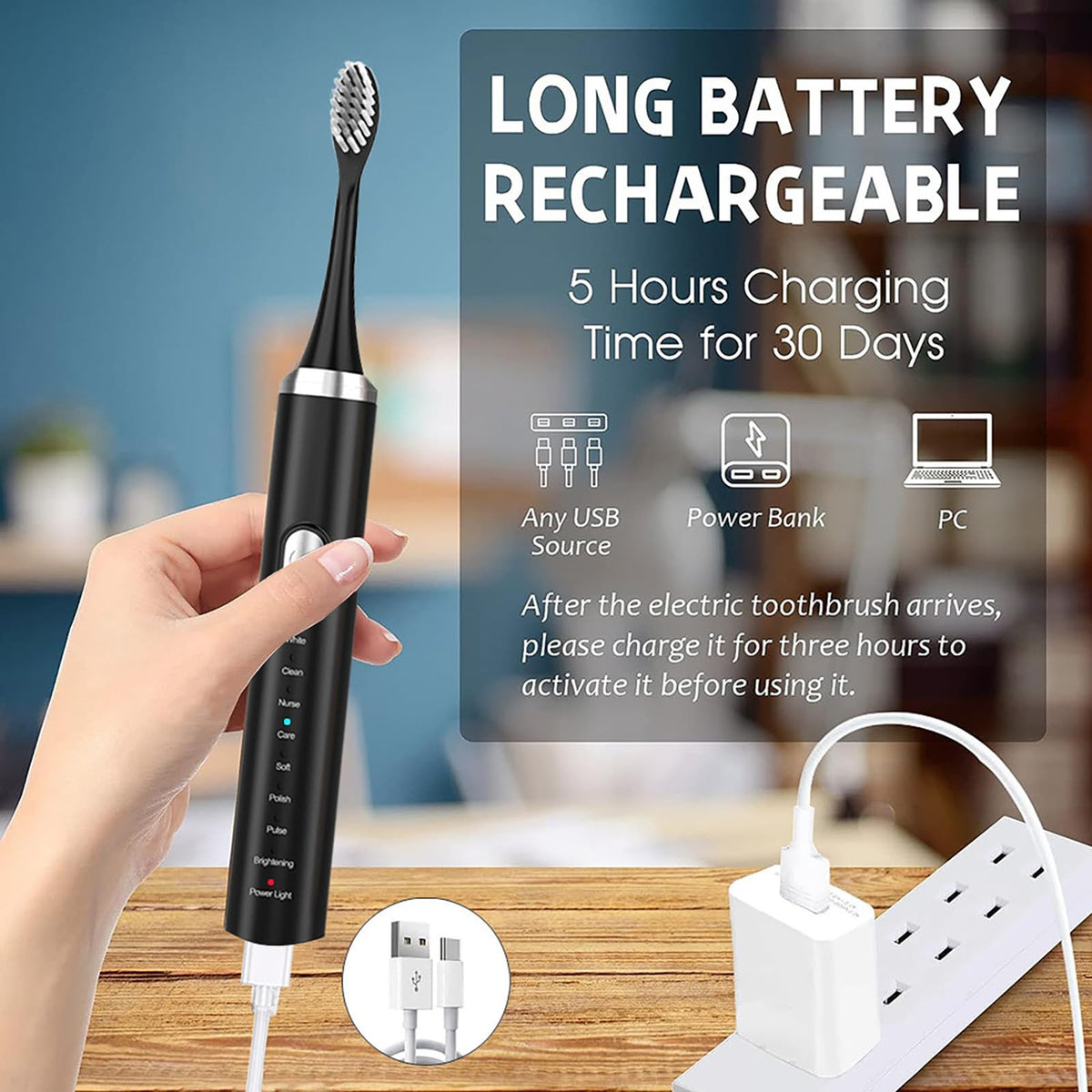 Black Rechargeable Electric Toothbrush with 4 Replacement Heads O53774