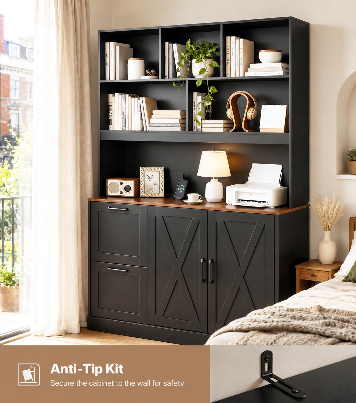 72'' Tall Black Bookshelf with Power Outlet, 2 Drawer File Cabinet, 3-Tier Shelves D70587