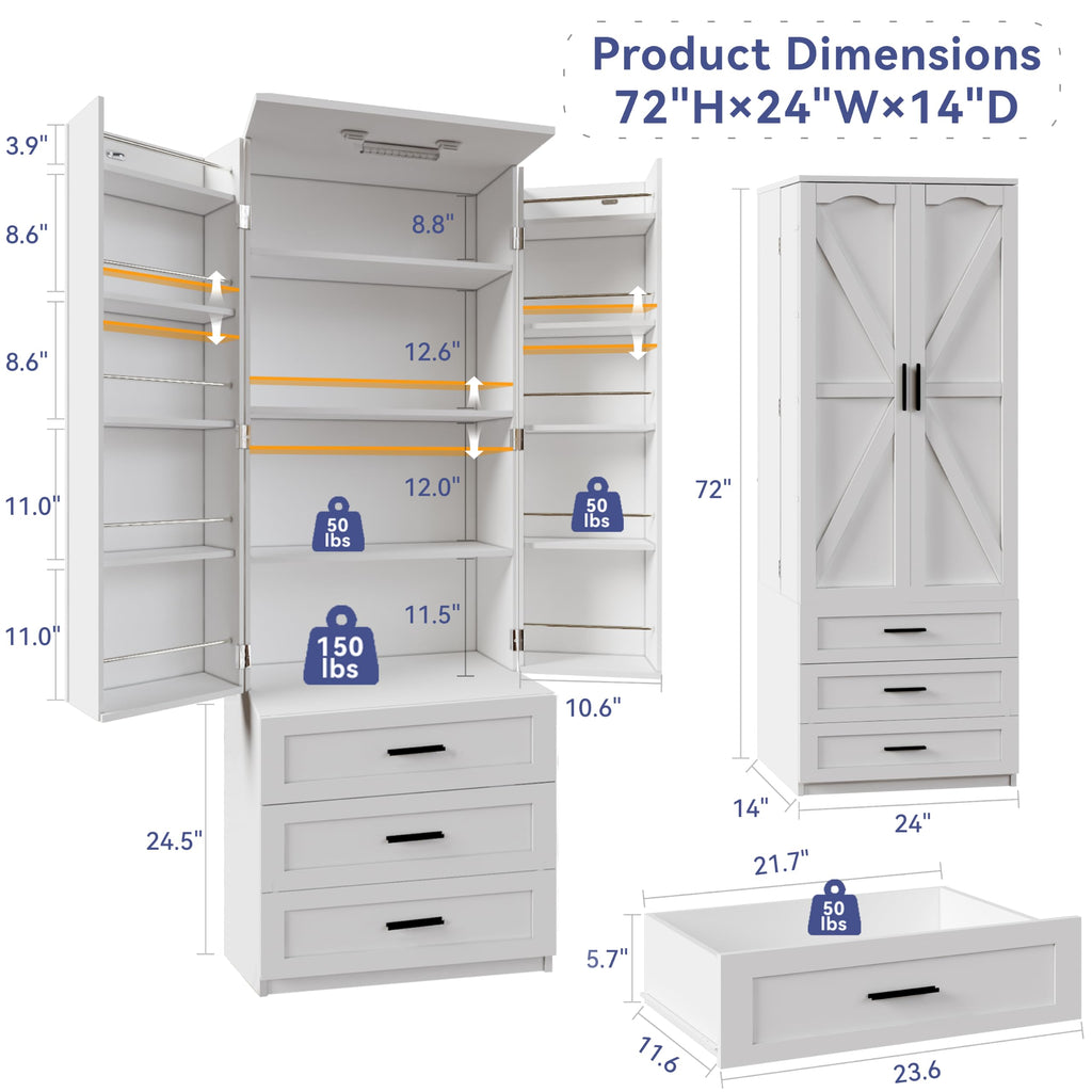 72" Wood Kitchen Pantry Cabinet with 3 Drawers M570