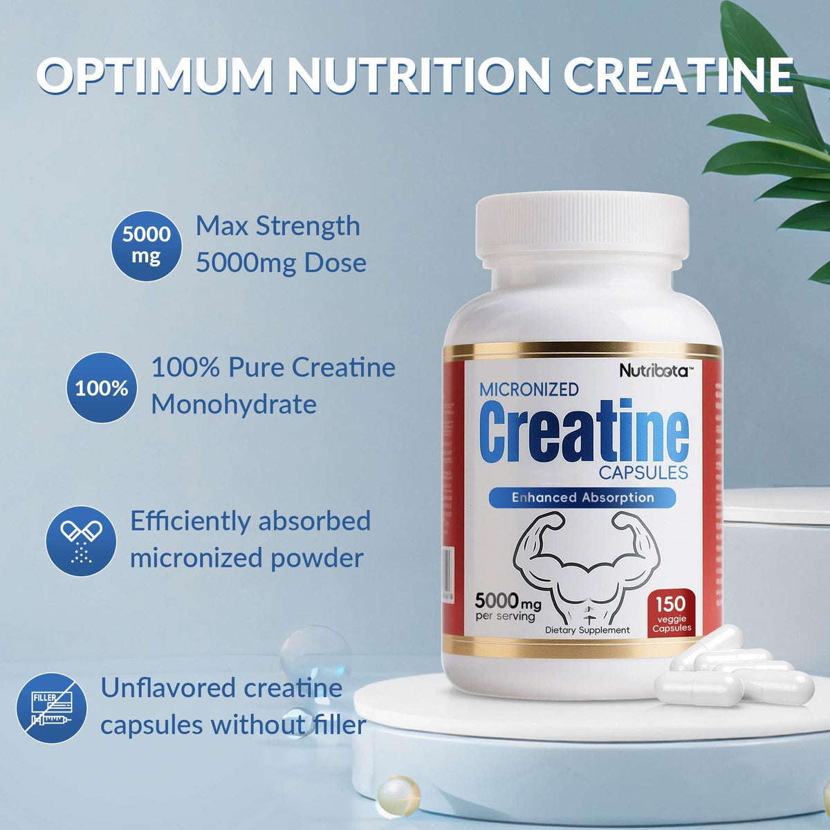 5000mg Micronized Creatine Monohydrate Capsules with Vitamin B12, Vegan, Gluten Free, 150 Count P337