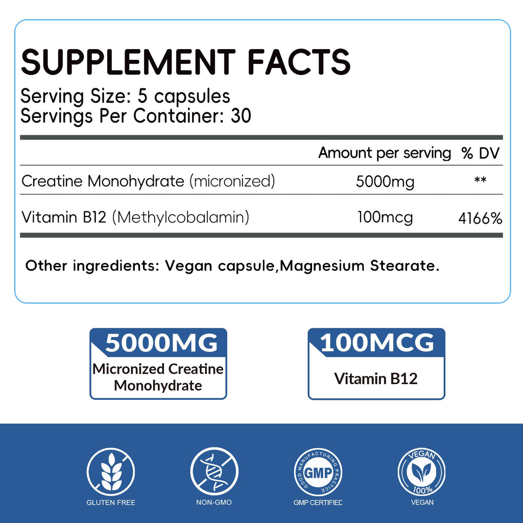 5000mg Micronized Creatine Monohydrate Capsules with Vitamin B12, Vegan, Gluten Free, 150 Count P337