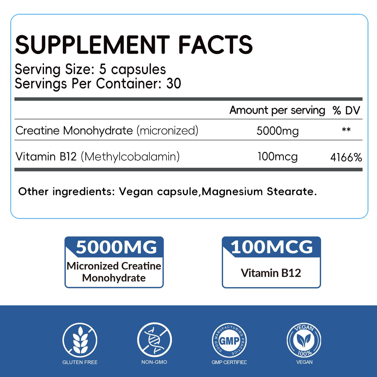 5000mg Micronized Creatine Monohydrate Capsules with Vitamin B12, Vegan, Gluten Free, 150 Count P337
