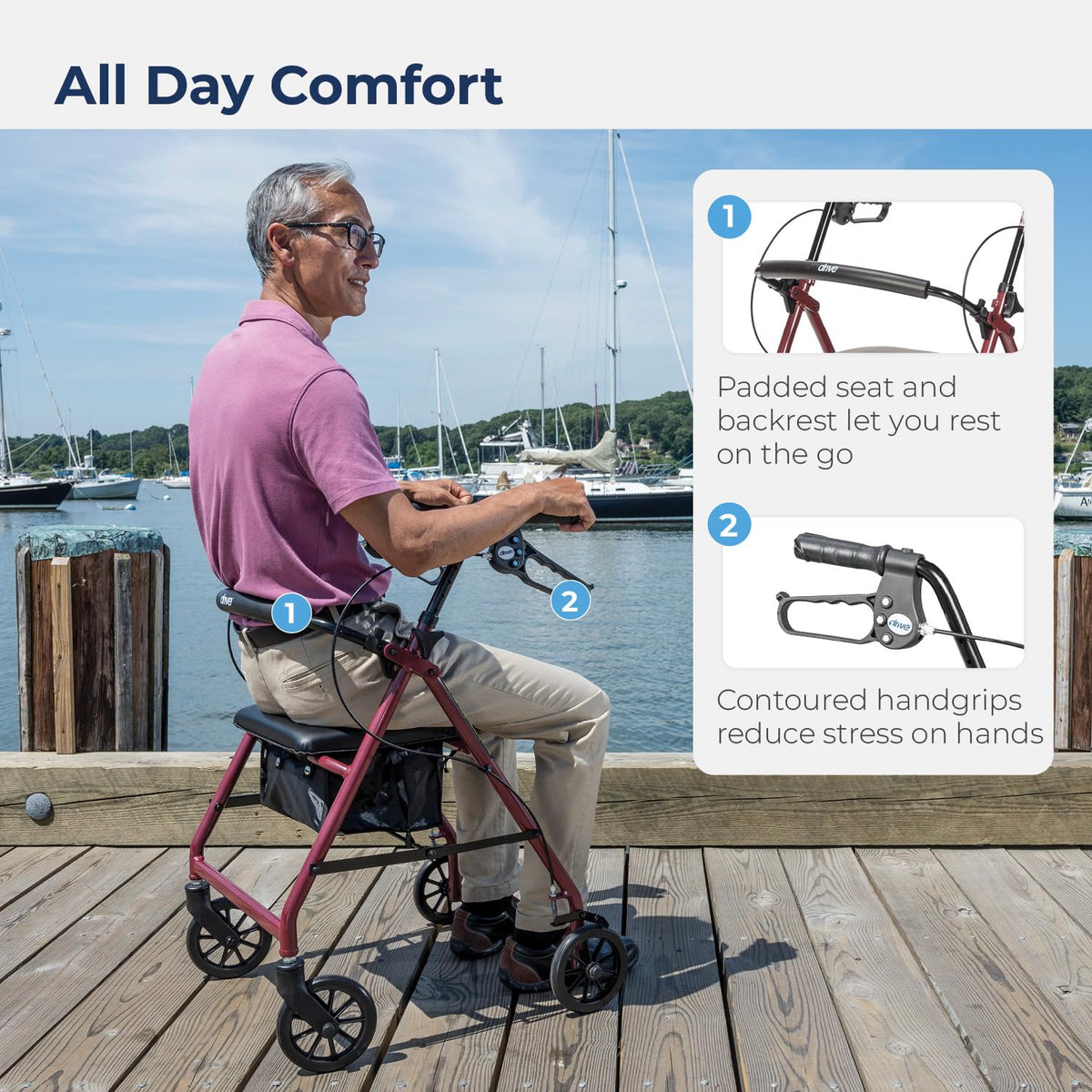 Red Aluminum Rollator Walker with Padded Seat and 6" Wheels V1319