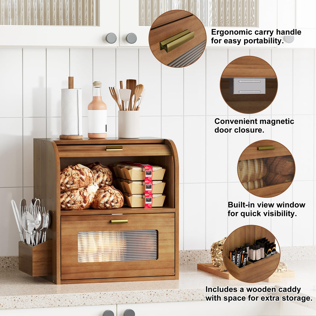 Roll Top Wooden Bread Box with Window P245