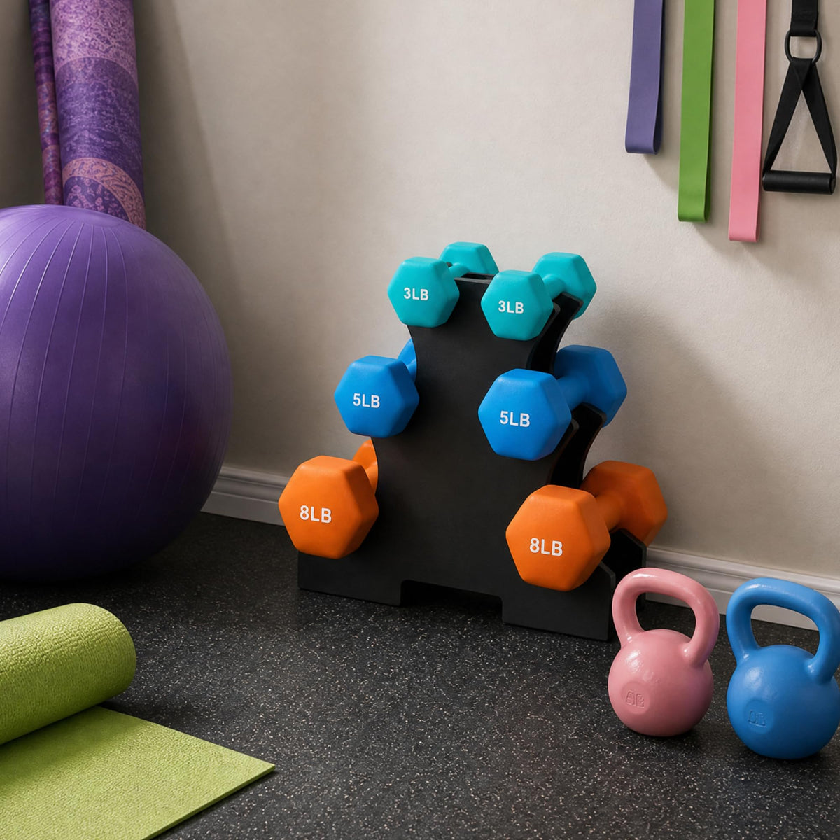 Colored Neoprene Coated Dumbbell Set with Stand, Set of 6 H497