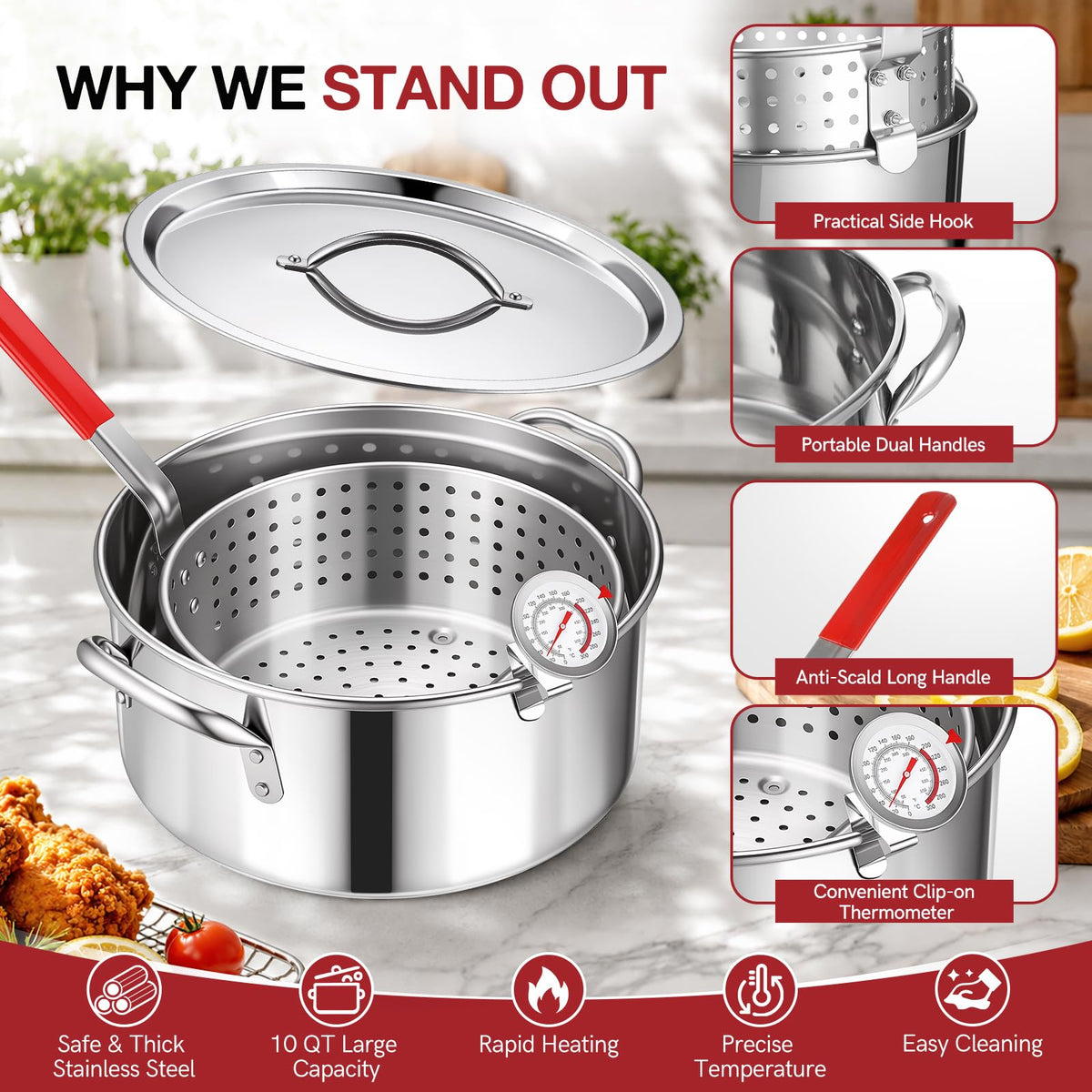 10 QT Stainless Steel Deep Fryer Pot with Basket F10516