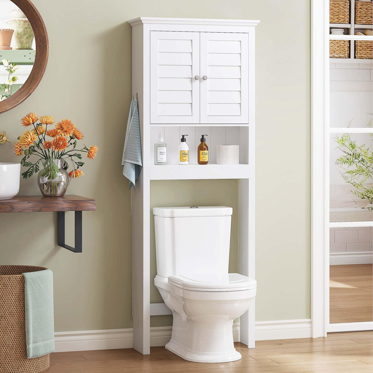 White Over The Toilet Storage Cabinet with Louvered Doors & Hooks Y407214