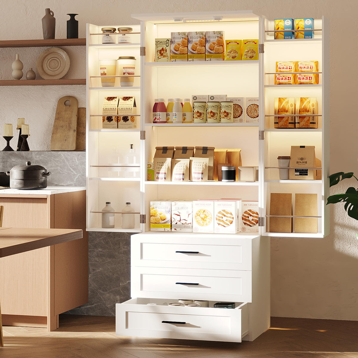 72" Wood Kitchen Pantry Cabinet with 3 Drawers M570