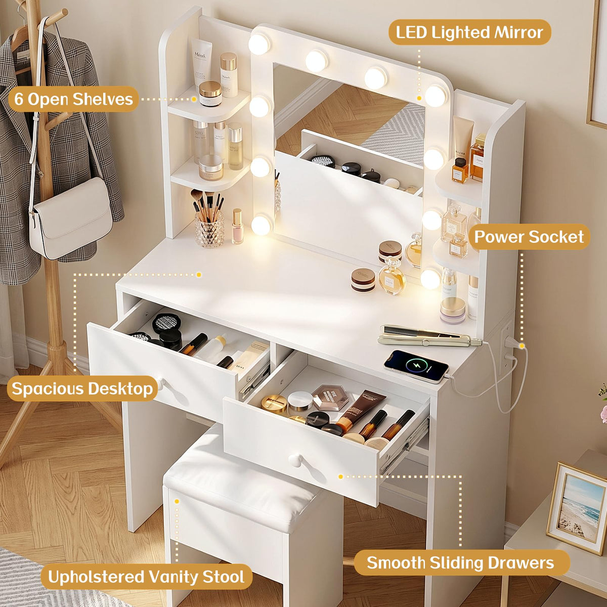 White Vanity Desk with Mirror and Chair Set C20040
